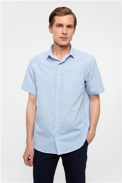 Buz Mavi Regular Fit Kareli Düğmeli Yaka Gömlek