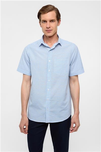 Buz Mavi Regular Fit Kareli Düğmeli Yaka Gömlek
