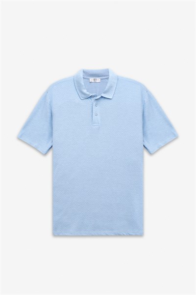 Buz Mavi Regular Karışık Desen Baskısız Jakarlı Düğmeli Polo Yaka Standart Tişört