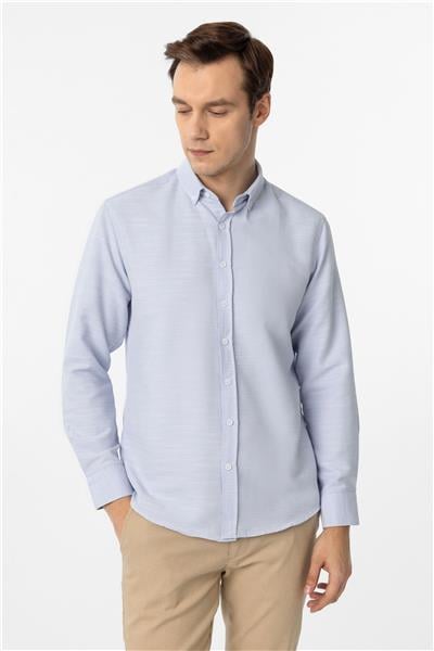 Buz Mavi Slim Fit Armürlü Düğmeli Yaka Gömlek