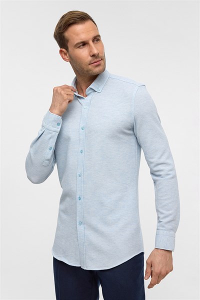 Buz Mavi Slim Armürlü Düğmeli Yaka Gömlek