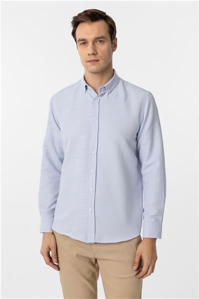 Buz Mavi Slim Fit Armürlü Düğmeli Yaka Gömlek