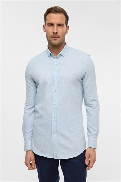 Buz Mavi Slim Armürlü Düğmeli Yaka Gömlek