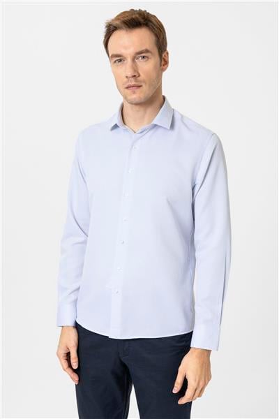 Buz Mavi Slim Fit Armürlü Klasik Yaka Gömlek