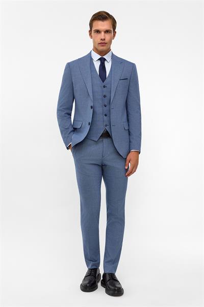 Buz Mavi Slim Armürlü Sivri Yaka 6 Drop Takım Elbise