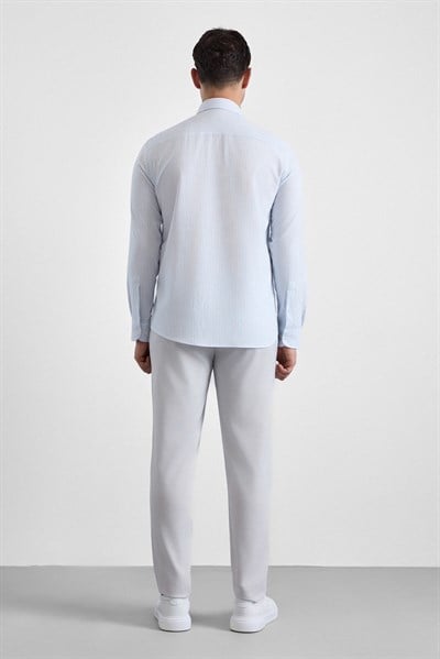 Buz Mavi Slim Çizgili Düğmeli Yaka Uzun Kollu Casual Gömlek