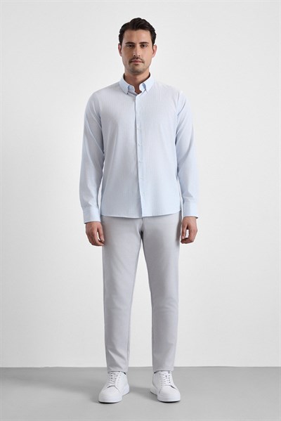 Buz Mavi Slim Çizgili Düğmeli Yaka Uzun Kollu Casual Gömlek