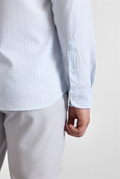 Buz Mavi Slim Çizgili Düğmeli Yaka Uzun Kollu Casual Gömlek