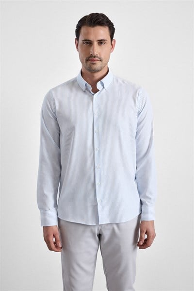 Buz Mavi Slim Çizgili Düğmeli Yaka Uzun Kollu Casual Gömlek