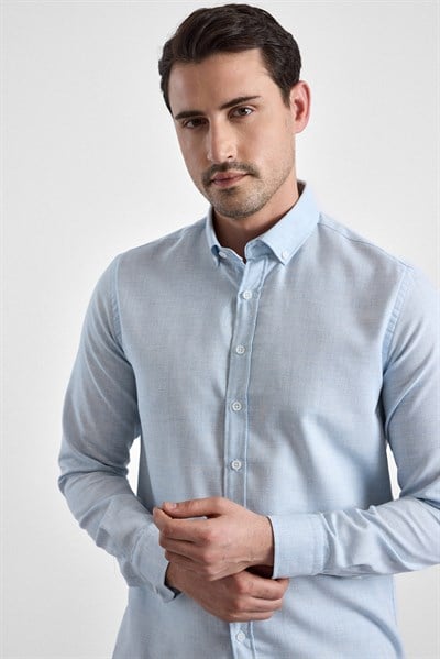 Buz Mavi Slim Düğmeli Yaka Düz Cepsiz Casual Gömlek