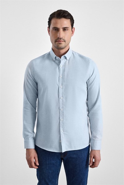 Buz Mavi Slim Düğmeli Yaka Düz Cepsiz Casual Gömlek