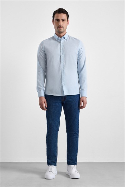 Buz Mavi Slim Düğmeli Yaka Düz Cepsiz Casual Gömlek