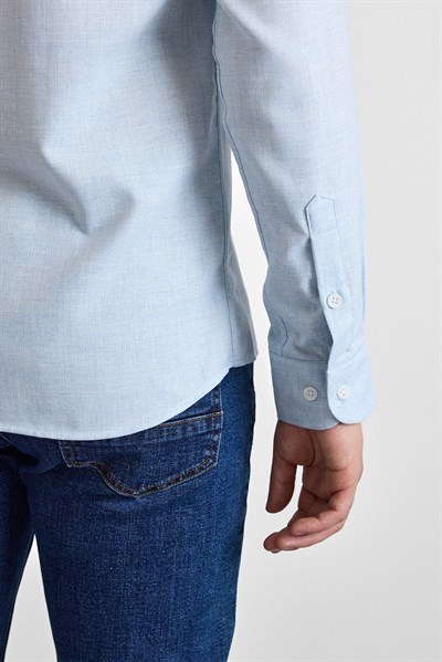 Buz Mavi Slim Düğmeli Yaka Düz Cepsiz Casual Gömlek