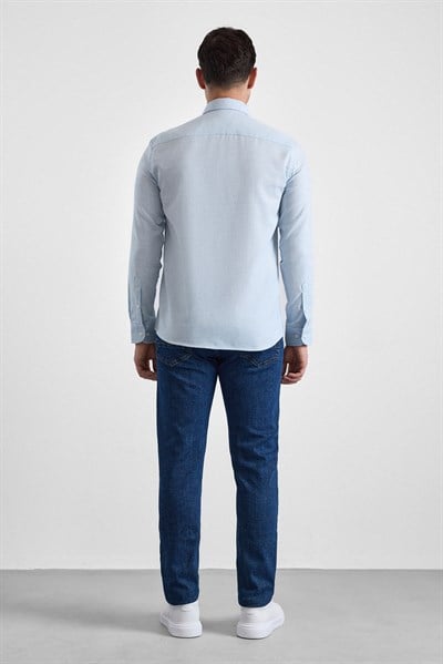 Buz Mavi Slim Düğmeli Yaka Düz Cepsiz Casual Gömlek