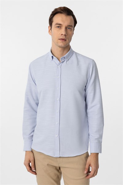 Buz Mavi Slim Fit Armürlü Düğmeli Yaka Gömlek