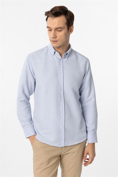 Buz Mavi Slim Fit Armürlü Düğmeli Yaka Gömlek