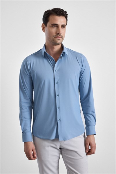 Buz Mavi Slim Klasik Yaka Düz Uzun Kollu Casual Gömlek