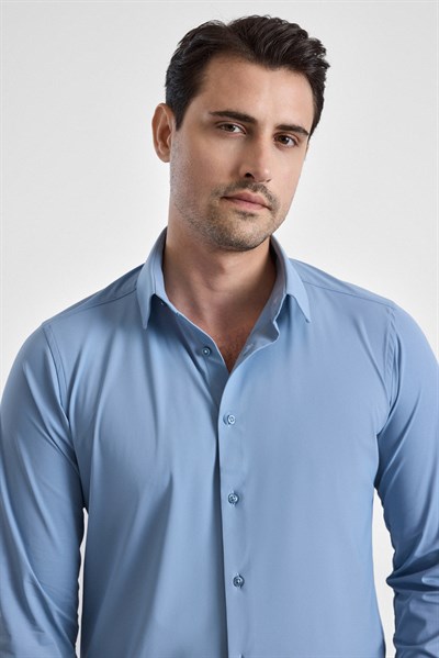 Buz Mavi Slim Klasik Yaka Düz Uzun Kollu Casual Gömlek