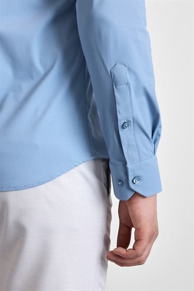 Buz Mavi Slim Klasik Yaka Düz Uzun Kollu Casual Gömlek