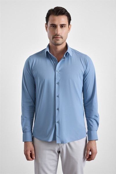 Buz Mavi Slim Klasik Yaka Düz Uzun Kollu Casual Gömlek