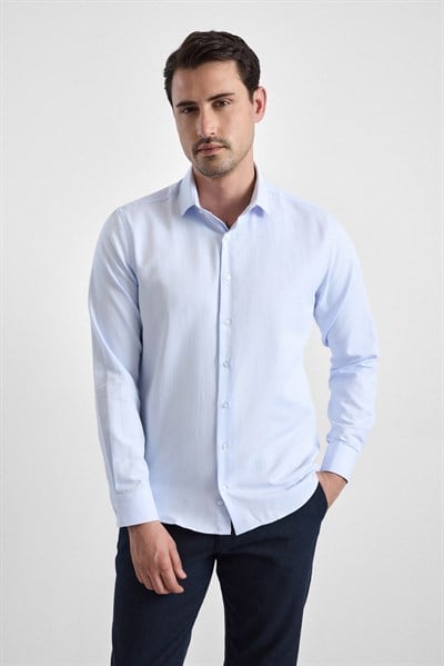 Buz Mavi Slim Klasik Yaka Uzun Kollu Casual Gömlek