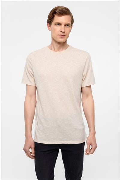 Ekru Regular Armürlü Bisiklet Yaka Tişört