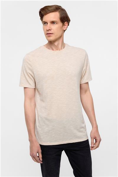 Ekru Regular Armürlü Bisiklet Yaka Tişört