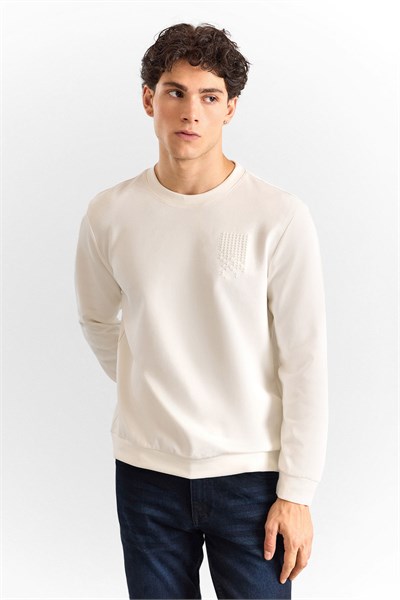 Ekru Regular Düz Baskılı İnterlok Bisiklet Yaka Cepsiz Düz Sweatshirt
