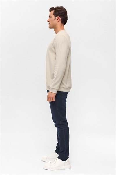 Ekru Regular Düz Bisiklet Yaka Sweatshirt