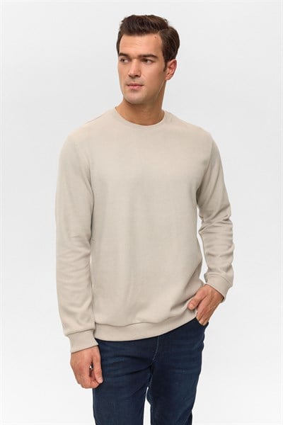 Ekru Regular Düz Bisiklet Yaka Sweatshirt