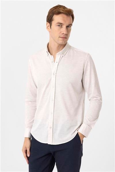 Ekru Slim Fit Armürlü Düğmeli Yaka Gömlek