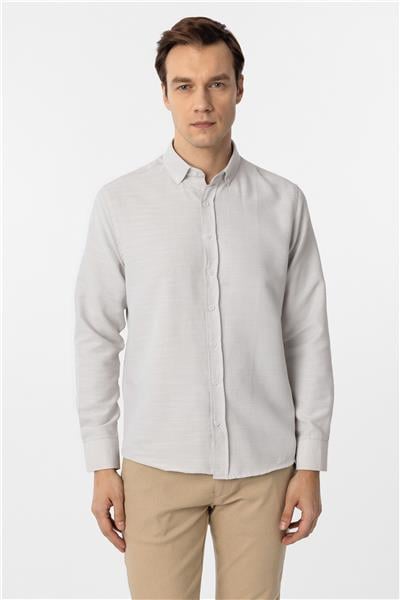 Ekru Slim Fit Armürlü Düğmeli Yaka Gömlek
