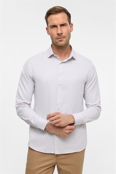 Ekru Uzun Kollu Slim Armürlü Klasik Yaka Gömlek