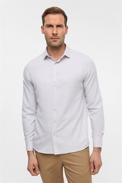 Ekru Uzun Kollu Slim Armürlü Klasik Yaka Gömlek