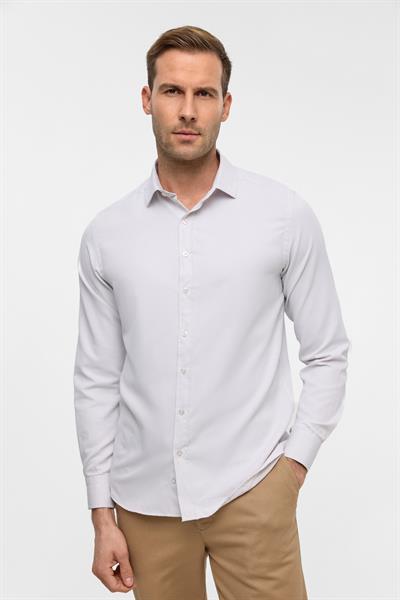 Ekru Uzun Kollu Slim Armürlü Klasik Yaka Gömlek