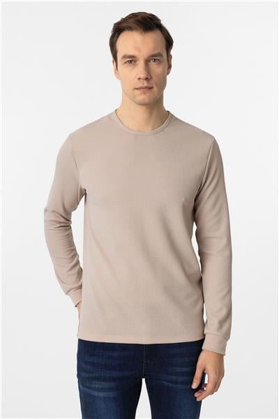Ekru Slim Fit Armürlü Bisiklet Yaka Sweatshirt