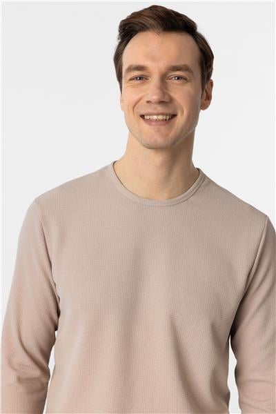 Ekru Slim Fit Armürlü Bisiklet Yaka Sweatshirt