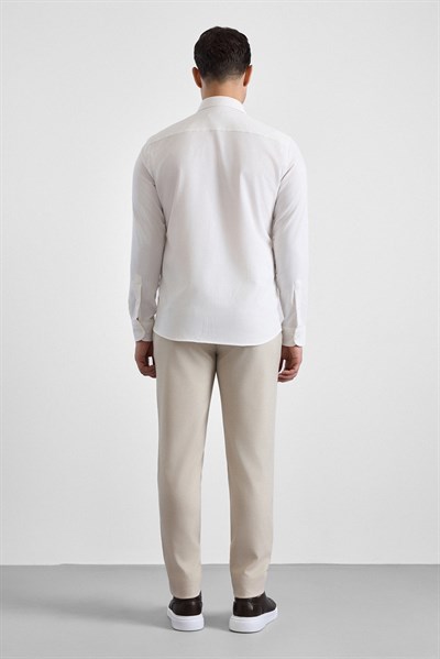 Ekru Slim Çizgili Düğmeli Yaka Uzun Kollu Casual Gömlek