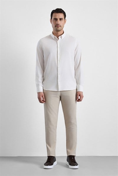 Ekru Slim Çizgili Düğmeli Yaka Uzun Kollu Casual Gömlek