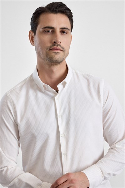 Ekru Slim Çizgili Düğmeli Yaka Uzun Kollu Casual Gömlek