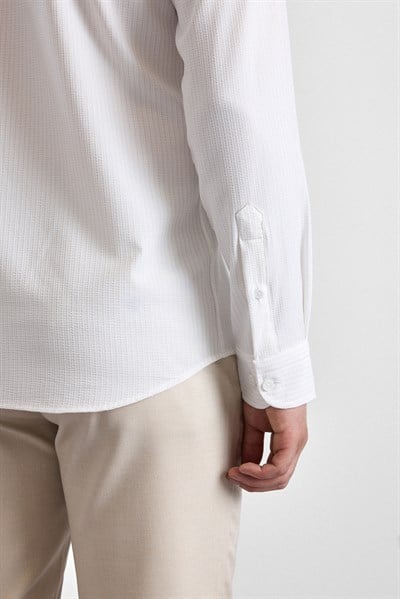 Ekru Slim Çizgili Düğmeli Yaka Uzun Kollu Casual Gömlek