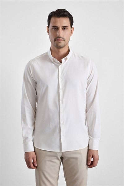 Ekru Slim Çizgili Düğmeli Yaka Uzun Kollu Casual Gömlek