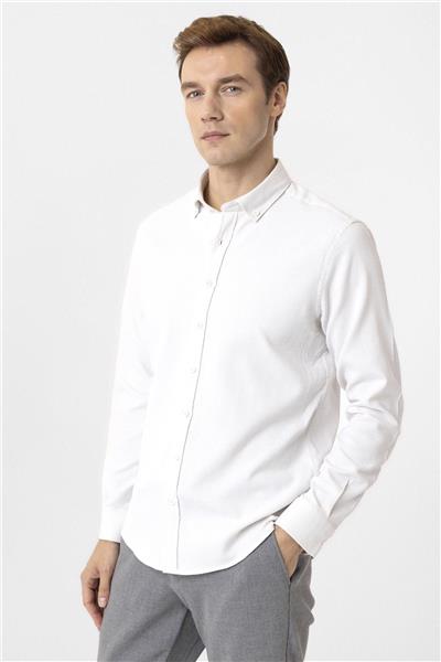 Ekru Slim Fit Desenli Düğmeli Yaka Gömlek
