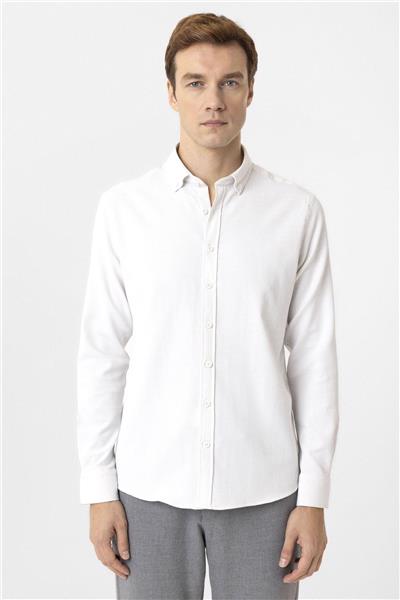 Ekru Slim Fit Desenli Düğmeli Yaka Gömlek