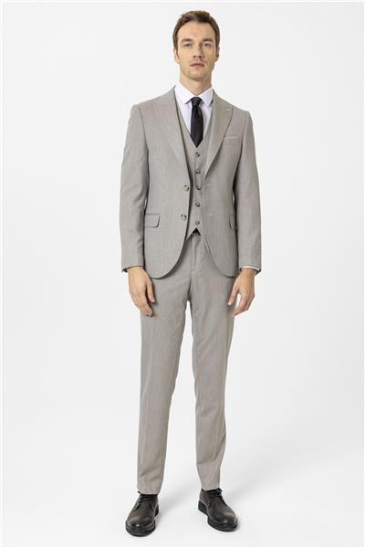 Ekru Slim Fit Desenli Sivri Yaka 6 Drop Yelekli Klasik Takım Elbise