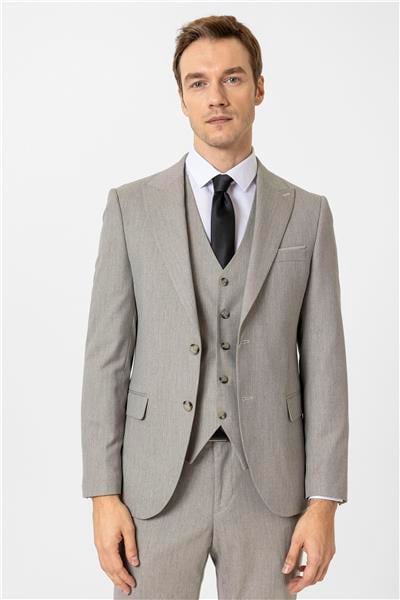 Ekru Slim Fit Desenli Sivri Yaka 6 Drop Yelekli Klasik Takım Elbise