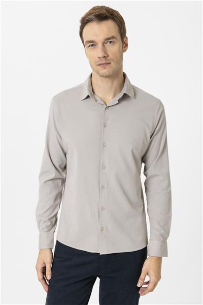 Ekru Slim Fit Düz Klasik Yaka Gömlek