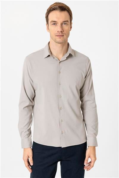 Ekru Slim Fit Düz Klasik Yaka Gömlek