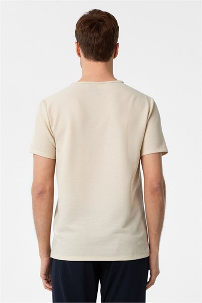 Ekru Slim Fit Armürlü Bisiklet Yaka Tişört
