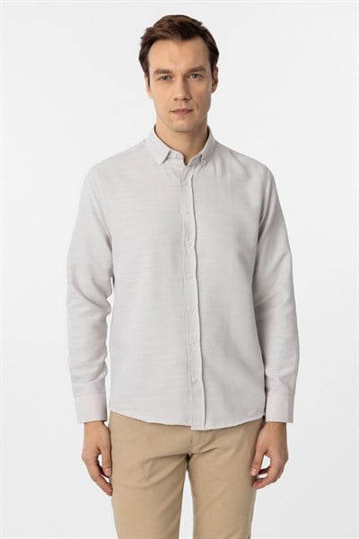 Ekru Slim Fit Armürlü Düğmeli Yaka Gömlek